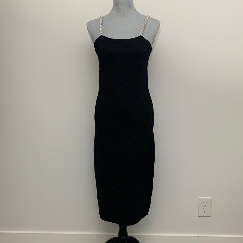 CAMILA Coelho Black Stretch Knit Bodycon Midi Dress Crystal Braided Straps